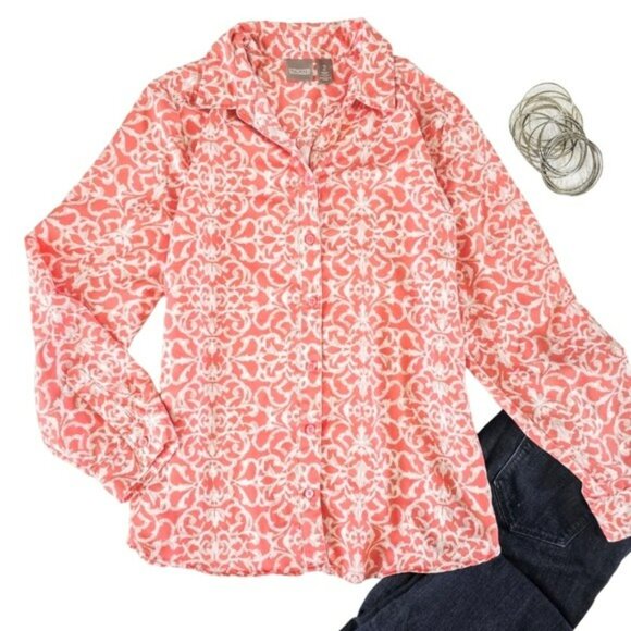 Chico's 2 Women's Blouse Size 12 Coral Pink Long Sleeves Roll Tabs Button Down - Picture 1 of 15